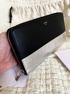 Celine Black Silver Bicolor Zip Around Continental Wallet Clutch NWT